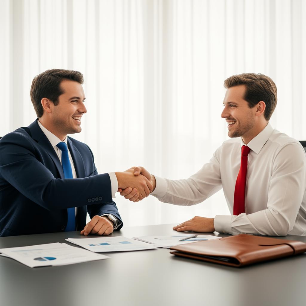 Two consultants closing a deal with a handshake